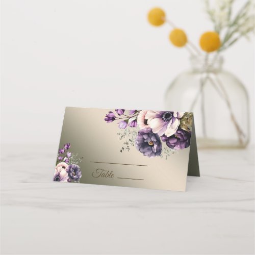 Wedding Party Purple Pink Flowers Golden Elegant Place Card