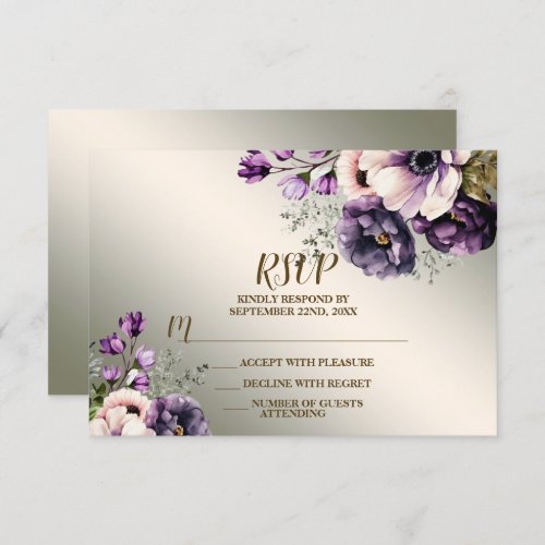 Wedding Party Purple Pink Flowers Golden Elegant RSVP Card