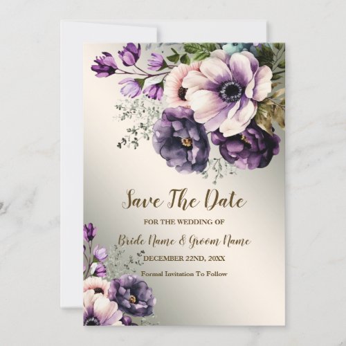 Wedding Party Purple Pink Flowers Golden Elegant Save The Date