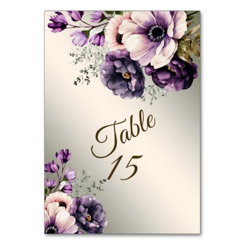 Wedding Party Purple Pink Flowers Golden Elegant Table Number