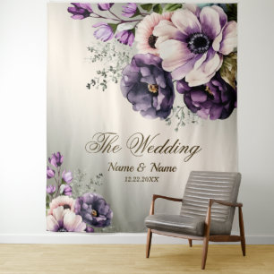 Wedding Party Purple Pink Flowers Golden Elegant Tapestry