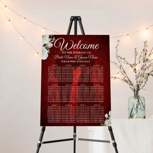 Wedding Party Red Floral Modern Seating Chart Foam Board (In Situ (Stand))