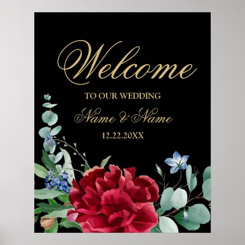 Wedding Party Red Flower Green Leaves Golden Poster