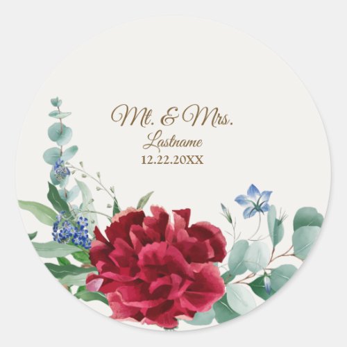 Wedding Party Red Flower Green Leaves Golden Tan Classic Round Sticker