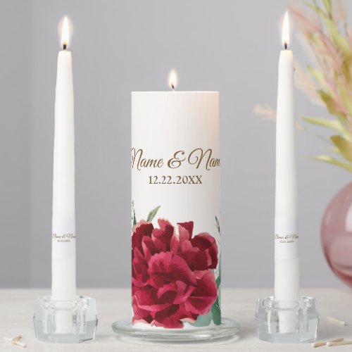 Wedding Party Red Flower Green Leaves Golden Tan Unity Candle Set