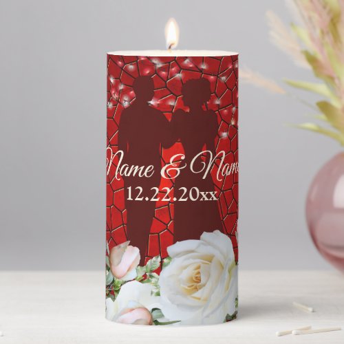 Wedding Party Red White Floral Modern Pillar Candle