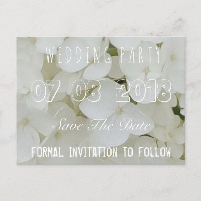 Wedding Party Save The Date Floral Hydrangea White Announcement Postcard (Front)