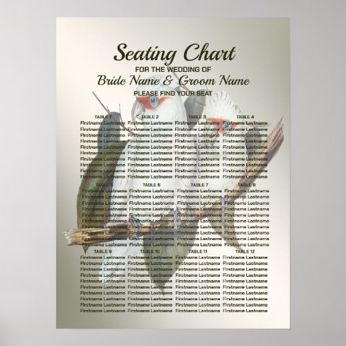 Wedding Party Seating White Birds Green Leaves Poster