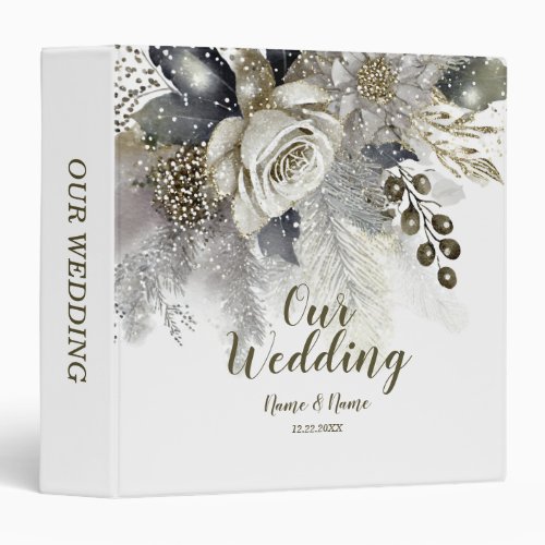 Wedding Party Silver Golden White Roses Flowers 3 Ring Binder