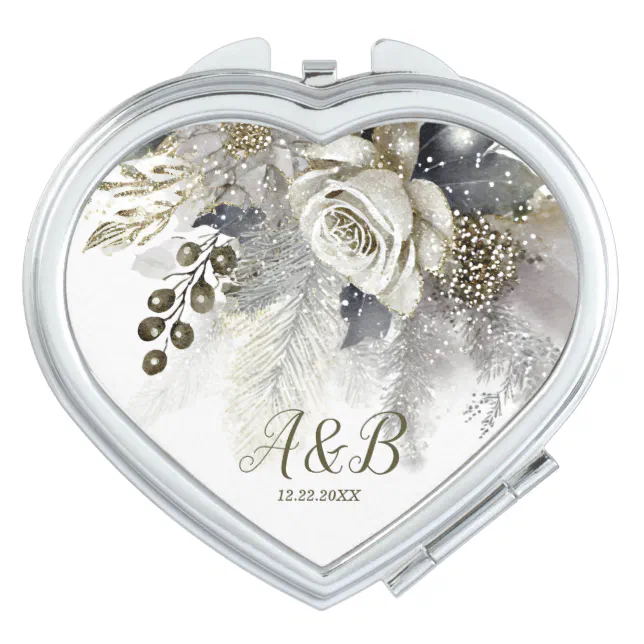 Wedding Party Silver Golden White Roses Flowers Compact Mirror | Zazzle