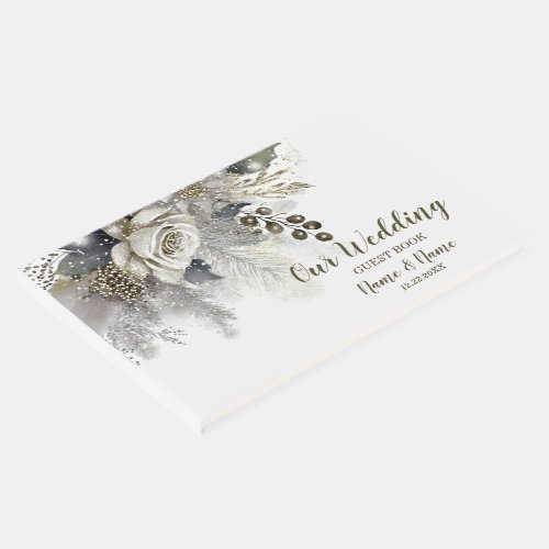 Wedding Party Silver Golden White Roses Flowers Guest Book