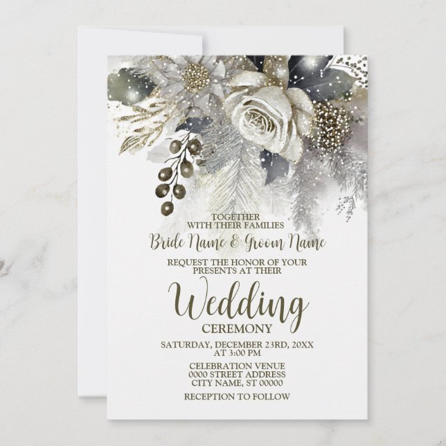 Wedding Party Silver Golden White Roses Flowers Invitation (Front)