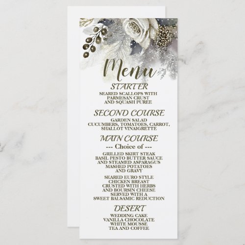 Wedding Party Silver Golden White Roses Flowers Menu