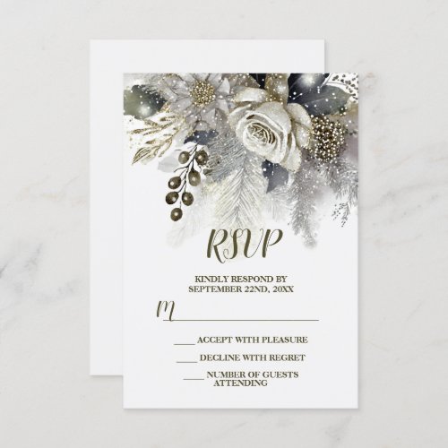 Wedding Party Silver Golden White Roses Flowers RSVP Card
