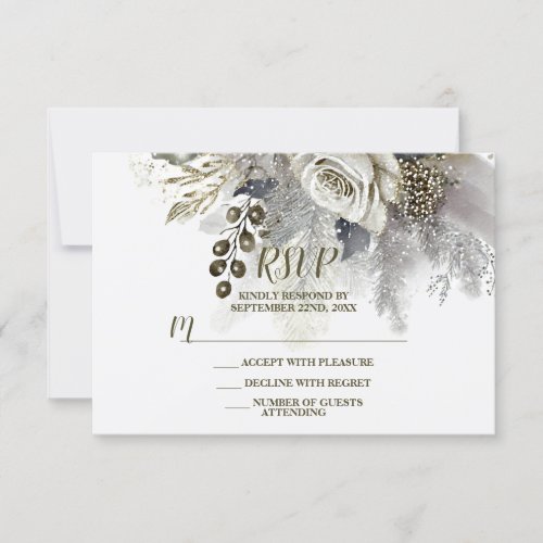 Wedding Party Silver Golden White Roses Flowers RSVP Card