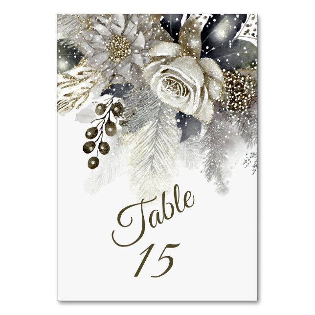 Wedding Party Silver Golden White Roses Flowers Table Number (Front)