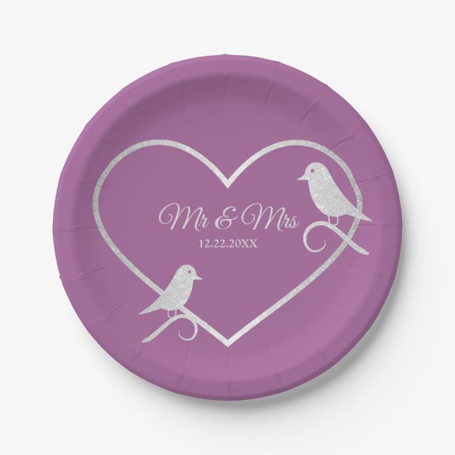 Wedding Party Silver Gray Heart Pink Elegant Paper Plates (Front)