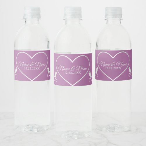 Wedding Party Silver Gray Heart Pink Purple Rustic Water Bottle Label