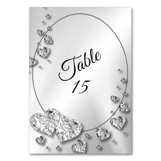 Wedding Party Silver Gray Shiny Hearts Elegant Table Number (Front)