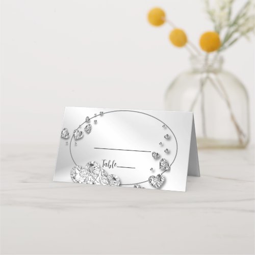 Wedding Party Silver Hearts Gray Black Elegant Place Card