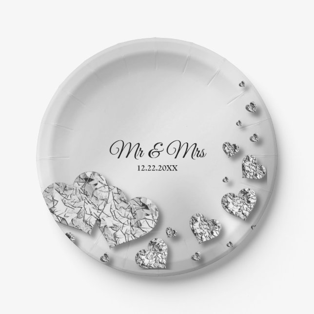 Wedding Party Silver Hearts Gray Elegant Paper Plates (Front)