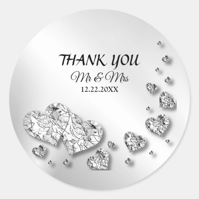 Wedding Party Silver Hearts Gray Modern Elegant Classic Round Sticker (Front)