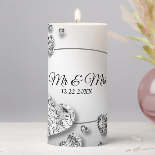 Wedding Party Silver Hearts Gray Shiny Elegant Pillar Candle