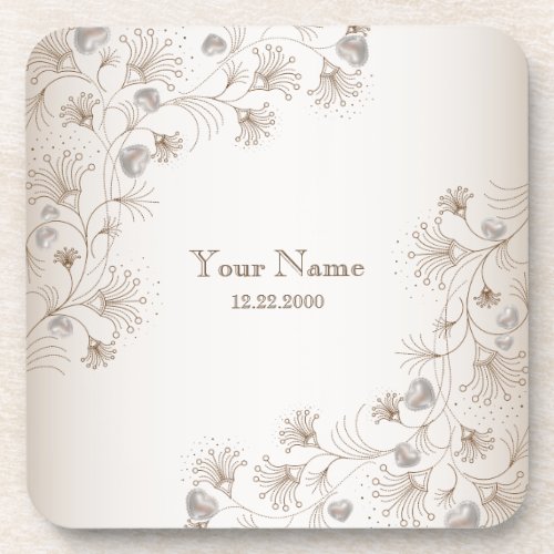 Wedding Party Tan Floral Heart Beige Elegant Beverage Coaster