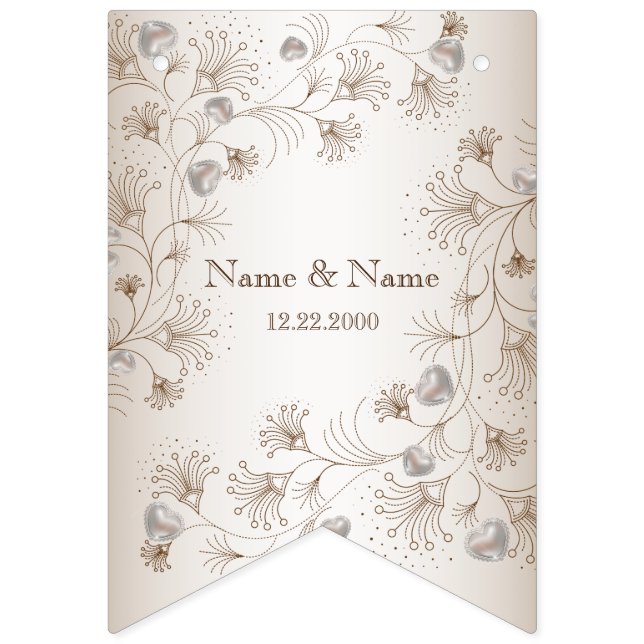 Wedding Party Tan Floral Heart Beige Elegant Bunting Flags (First Flag)