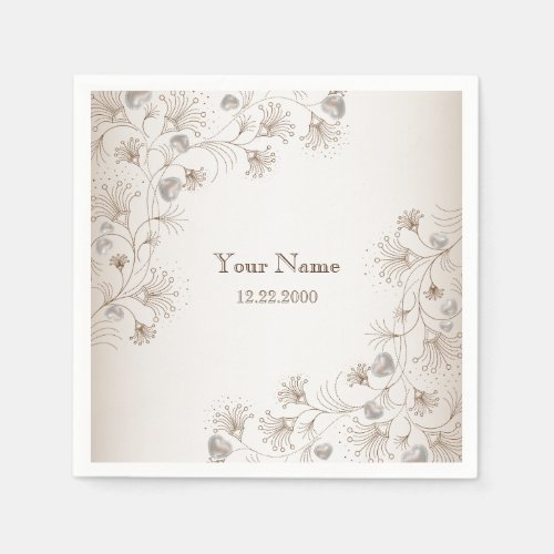 Wedding Party Tan Floral Heart Beige Elegant Napkins