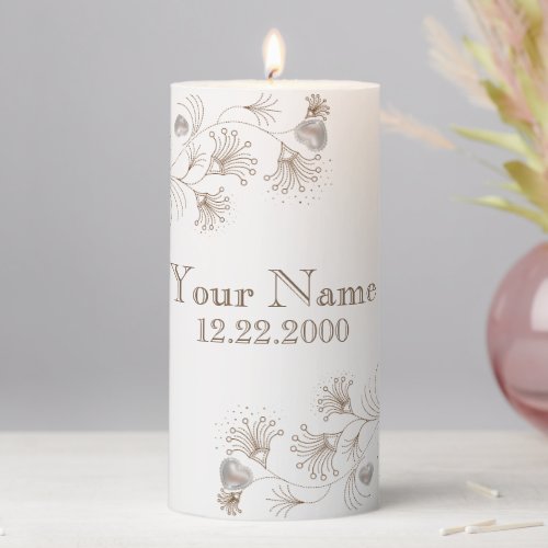 Wedding Party Tan Floral Heart Beige Elegant Pillar Candle