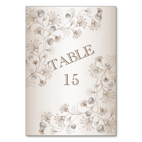 Wedding Party Tan Floral Heart Beige Elegant Table Number