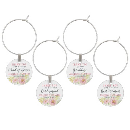 Wedding Party Thank You Individual Rose Flower Wine Charm