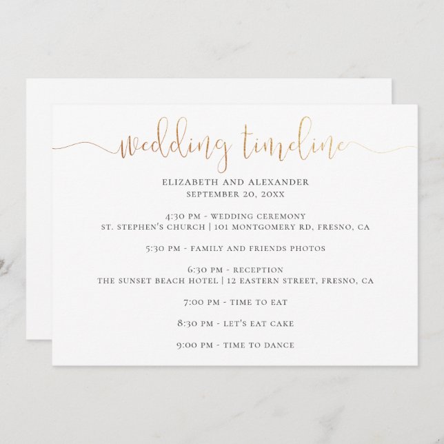 Wedding party timeline script. Simple calligraphy Invitation (Front/Back)
