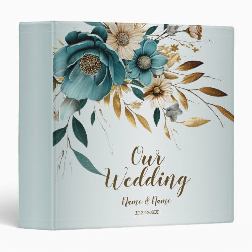Wedding Party Turquoise White Flower Golden Leaves 3 Ring Binder