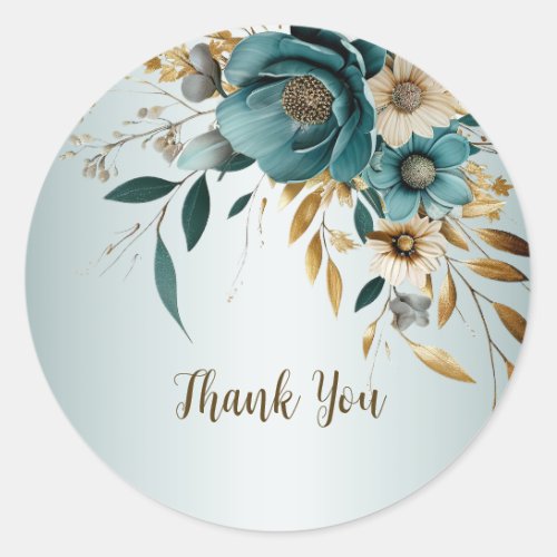Wedding Party Turquoise White Flower Golden Leaves Classic Round Sticker