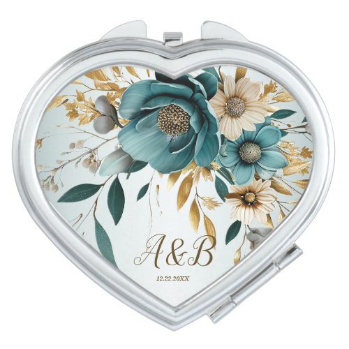 Wedding Party Turquoise White Flower Golden Leaves Compact Mirror