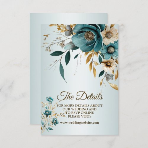 Wedding Party Turquoise White Flower Golden Leaves Enclosure Card