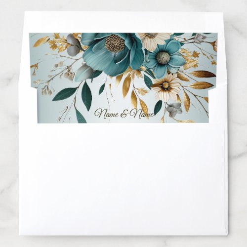 Wedding Party Turquoise White Flower Golden Leaves Envelope Liner