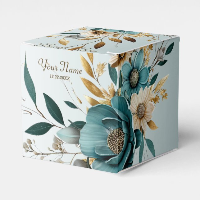 Wedding Party Turquoise White Flower Golden Leaves Favor Boxes (Front Side)