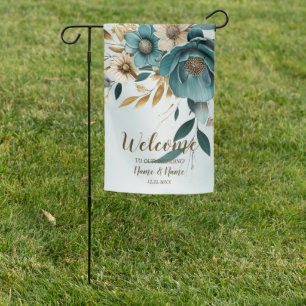 Wedding Party Turquoise White Flower Golden Leaves Garden Flag