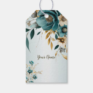 Wedding Party Turquoise White Flower Golden Leaves Gift Tags