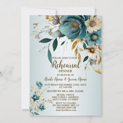 Wedding Party Turquoise White Flower Golden Leaves Invitation