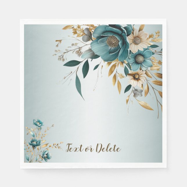 Wedding Party Turquoise White Flower Golden Leaves Napkins (Front)