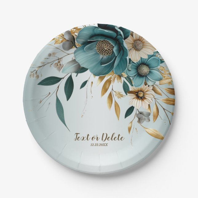 Wedding Party Turquoise White Flower Golden Leaves Paper Plates (Front)