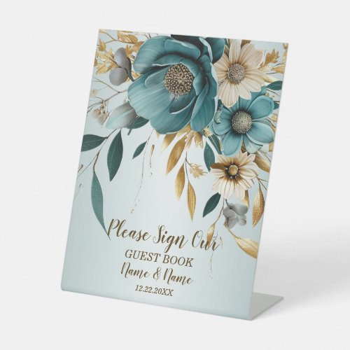 Wedding Party Turquoise White Flower Golden Leaves Pedestal Sign