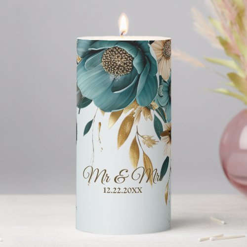 Wedding Party Turquoise White Flower Golden Leaves Pillar Candle