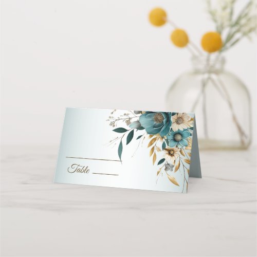 Wedding Party Turquoise White Flower Golden Leaves Place Card