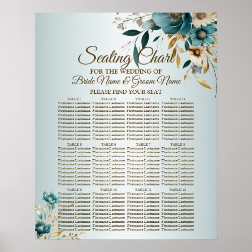 Wedding Party Turquoise White Flower Golden Leaves Poster