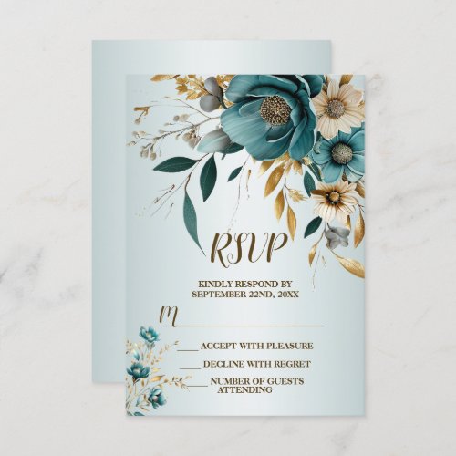 Wedding Party Turquoise White Flower Golden Leaves RSVP Card